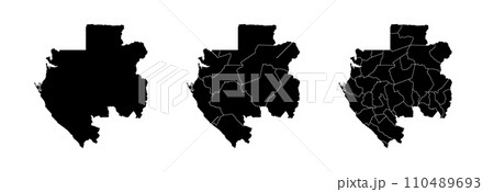 Set of isolated Gabon maps with regions. Isolated borders, departments, municipalities. Set of isolated Gabon maps with regions. Isolated borders, departments, municipalities. 110489693