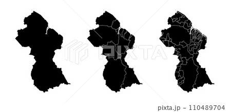 Set of isolated Guyana maps with regions. Isolated borders, departments, municipalities. 110489704