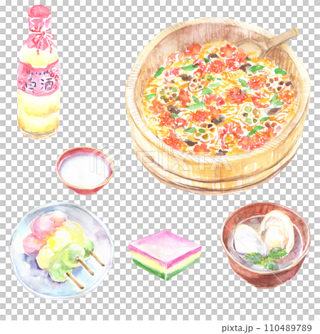 Illustration set of chirashi sushi, clam soup and tricolor dango 110489789