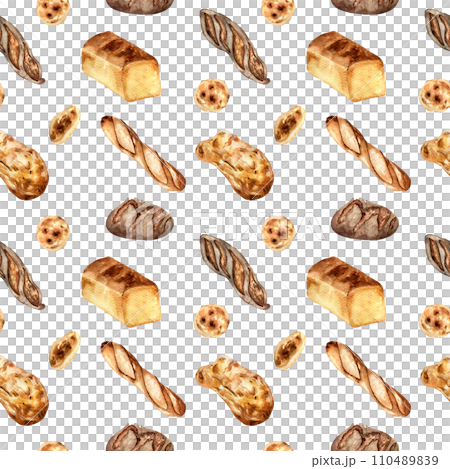 Variety bread watercolor seamless pattern isolated on white. Hand drawn rye bread, loaf for bakery. Painted pitta, ciabatta. Illustration of baguette. Element for design bakeshop, package, trade 110489839