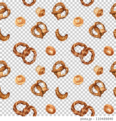 Various types of baked goods watercolor seamless pattern isolated on white. Hand drawn simit, pretzel for bakery. Painted brioche, bagel. Illustration of croissant, bread. Design for bakery, package 110489840