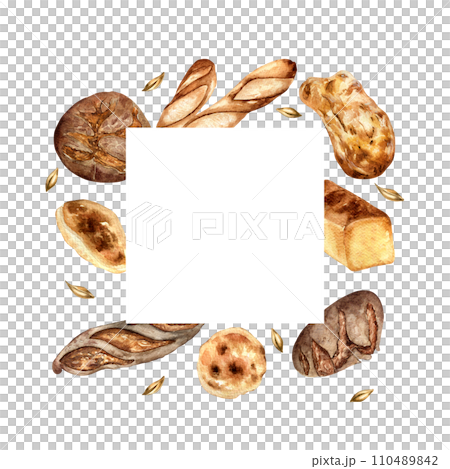 Frame of variety bread watercolor isolated on white. Hand drawn rye bread, loaf for bakery. Painted pitta, ciabatta. Illustration of wheat and baguette. Element for design bakeshop, packaging, trade 110489842