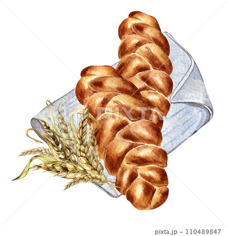 Challah tradition Jewish bread watercolor illustration isolated on white background. Hand drawn Israelite bread on napkin. Painted bread with ear of wheat. Element for design packaging, bakehouse 110489847