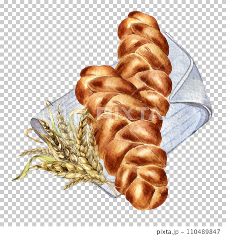 Challah tradition Jewish bread watercolor illustration isolated on white background. Hand drawn Israelite bread on napkin. Painted bread with ear of wheat. Element for design packaging, bakehouse 110489847