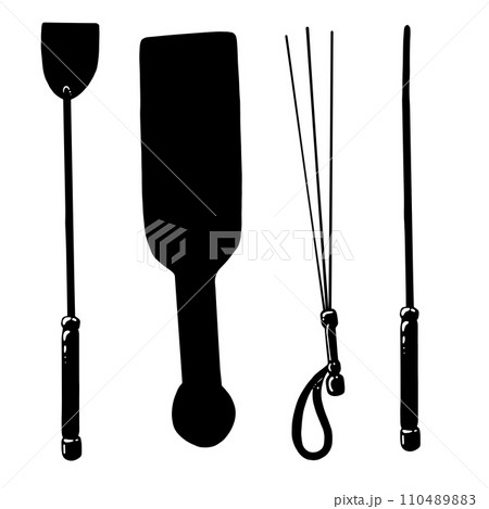 BDSM hand drawn paddle, flogger, whip and crop in black and white colors. Vector illustration 110489883