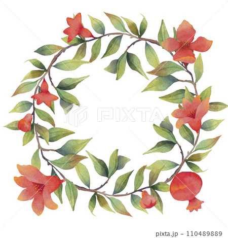 Juicy pomegranate flowers watercolor wreath. White background Juicy pomegranate flowers watercolor wreath. White background 110489889