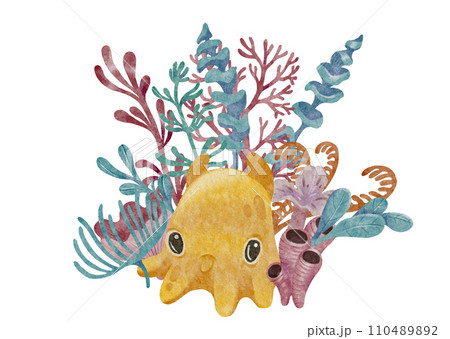 Cute cartoon dumbo octopus watercolor art with corals. White background. 110489892