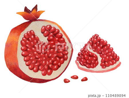 Juicy pomegranate with seeds watercolor illustration. White background 110489894