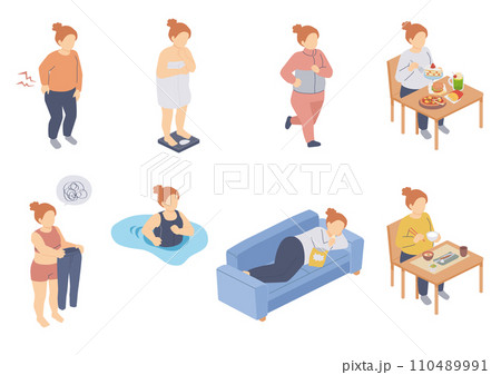 ふくよかな体型の女性のアイソメトリックイラスト 110489991