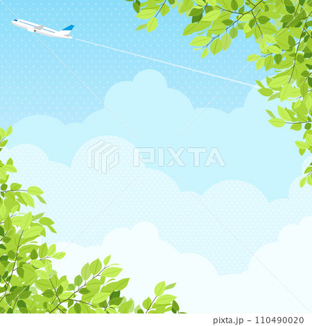 新緑と青空の中を飛ぶ飛行機　背景素材（正方形） 110490020