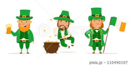 St. Patrick's Day set of different characters of leprechauns in different suits. Vector Illustrations. Beer, pot of gold and Irish flag St. Patrick's Day set of different characters of leprechauns in different suits. Vector Illustrations. Beer, pot of gold and Irish flag 110490107