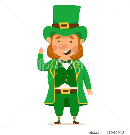 Funny and cute leprechaun for St. Patrick's day in a green suit and hat. Vector Illustration isolated on a white background 110490124