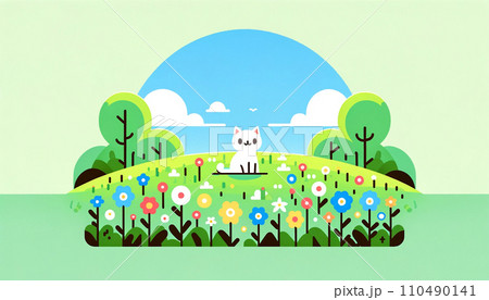 春の草原とねこのイラスト 春の草原とねこのイラスト 110490141