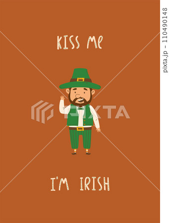 Happy St Patricks Day greeting card with cute leprechaun. Flat design vector illustration. Kiss me i am irish quote Happy St Patricks Day greeting card with cute leprechaun. Flat design vector illustration. Kiss me i am irish quote 110490148