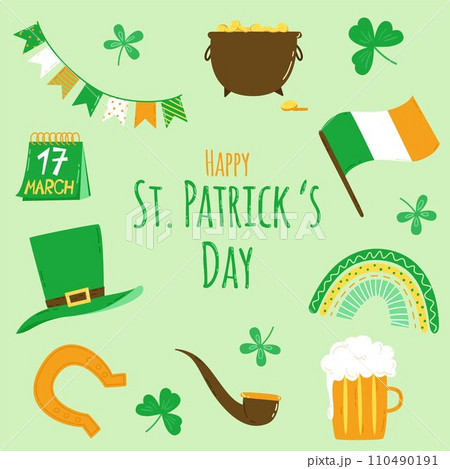 St. Patrick's Day set. Vector illustration in flat style. Pot of gold, hat, pipe, beer, shamrock, rainbow and Irish flag 110490191