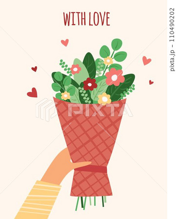 Valentine's day card of a bouquet of flowers in a beautiful festive packaging. Valentine's Day gift. Vector illustration 110490202