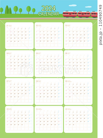 2024年カレンダー、赤い電車が走る風景 110490749