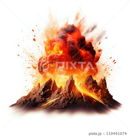 Erupting Volcano with Flowing Lava Isolated on White Background. Generative ai 110491074