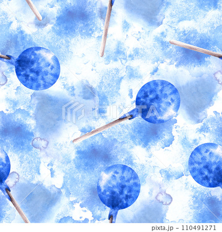 Watercolor stains, splashes seamless pattern with blue delicious pop cakes Hand drawn illustration party candies Lollipop print for wallpapers wrapping, scrapbooking paper Isolated on white background 110491271