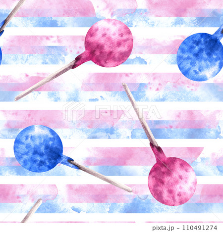 Watercolor seamless pattern with pink and blue watercolor stripes and pop cakes Hand drawn illustration party candies lollipop. Wallpapers, wrapping, birthday, scrapbooking. Isolated white background 110491274