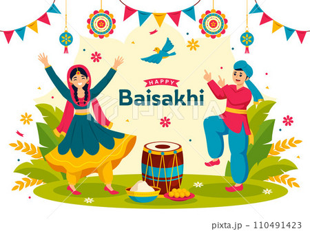 Happy Baisakhi Vector Illustration of Vaisakhi Punjabi Spring Harvest Festival of Sikh Celebration with Drum and Kite in Holiday Cartoon Background 110491423