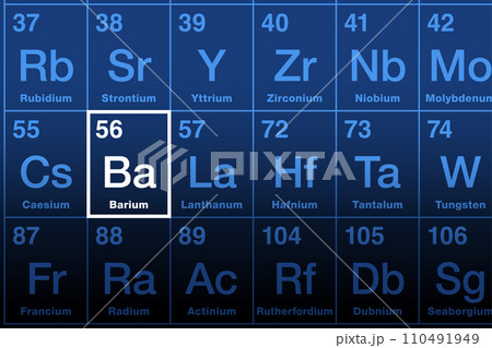 Barium element on the periodic table. Alkaline earth metal with element symbol Ba, from Greek baryta, meaning heavy. Atomic number 56. The compound barium sulfate is used as X-ray radiocontrast agent. 110491949