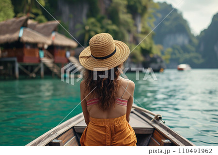 AI-generated content. Girl on a boat at sea 110491962