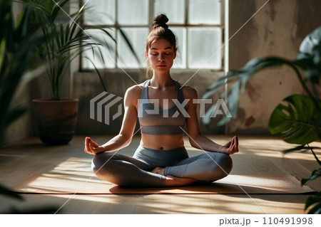 AI-generated content. A girl does yoga in a bright room AI-generated content. A girl does yoga in a bright room 110491998