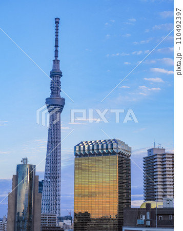 （東京都）東京スカイツリー・墨田区役所・アサヒビール建物　夕景 110492397