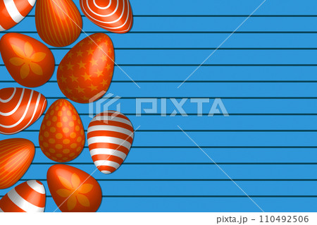 Easter egg side border against a blue wooden background Easter egg side border against a blue wooden background 110492506