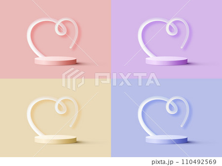 Happy valentine day 3D realistic pastel podium platform with heart line art isolated background 110492569
