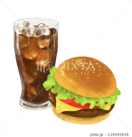ハンバーガーとコーラ　ドリンクセット　ファーストフード　イラスト 110492636