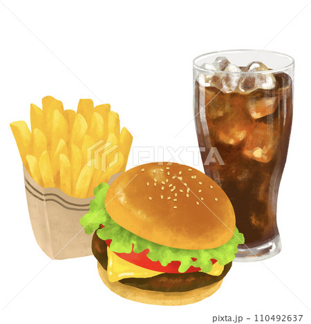 ハンバーガーとポテトとコーラのセット ファーストフード イラスト ハンバーガーとポテトとコーラのセット ファーストフード イラスト 110492637