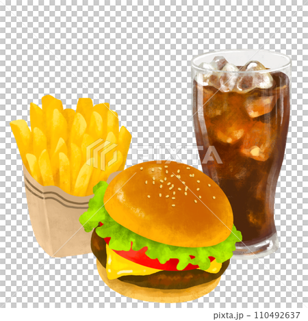 ハンバーガーとポテトとコーラのセット ファーストフード イラスト ハンバーガーとポテトとコーラのセット ファーストフード イラスト 110492637