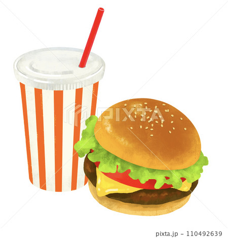 ハンバーガー　ドリンクセット　ファーストフード　イラスト 110492639