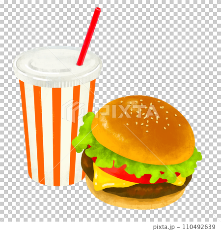 ハンバーガー　ドリンクセット　ファーストフード　イラスト 110492639