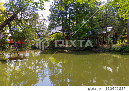 長野県上田市の春　日本の真ん中　新緑の生島足島神社 110492835