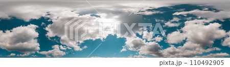 Blue summer sky panorama with Cumulus clouds. Seamless hdr spherical 360 panorama. Zenith or sky dome in 3D visualization, sky replacement for aerial drone 360 panoramas. Weather and climate change 110492905