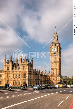 Big Ben during a sunny day with busy bridge in London, England, UK 110493137