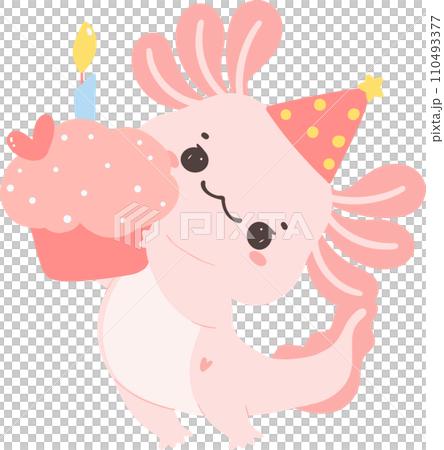 Cute Axolotl birthday flat design cartoon hand drawing 110493377