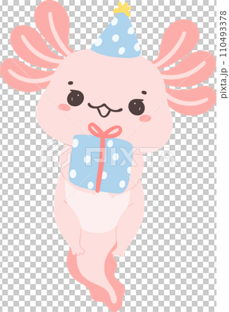 Cute Axolotl birthday flat design cartoon hand drawing 110493378