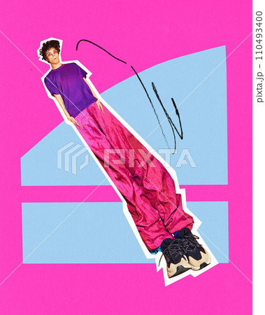 Contemporary art collage. Young man swinging in cyclical motion, representing perpetual cycle of momentum in fashion industry. Trendy magazine style. Contemporary art collage. Young man swinging in cyclical motion, representing perpetual cycle of momentum in fashion industry. Trendy magazine style. 110493400