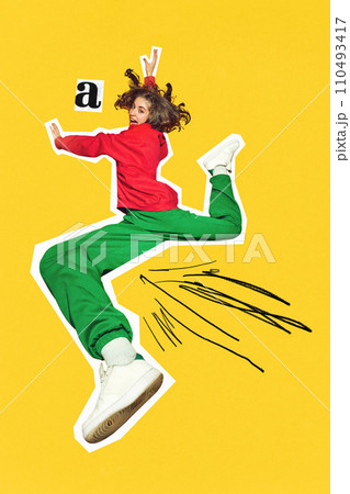 Artwork Flight of Freedom. Girl with long legs leaping into air against backdrop of vibrant colors, symbolizing freedom and boundless possibilities. 110493417