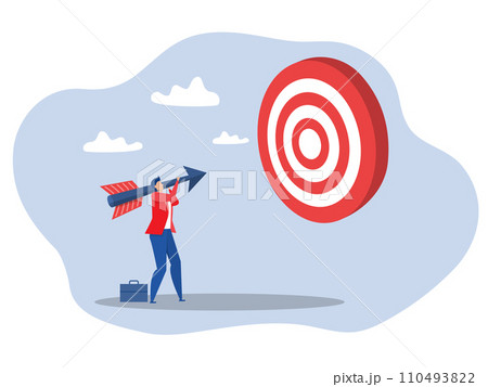 Business man worker holding an arrow precisely aiming at target bullseye achievement for win business strategy or setting goal and target concept Business man worker holding an arrow precisely aiming at target bullseye achievement for win business strategy or setting goal and target concept 110493822