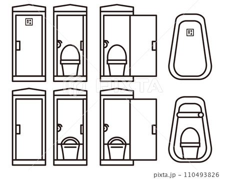 仮設トイレと簡易トイレテントのイラストセット_線画 仮設トイレと簡易トイレテントのイラストセット_線画 110493826