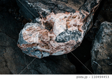 Light gray rock texture concept photo. Mountain rough surface. Close up stone wall background for design. 110494453