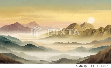 荒野の山間から日が昇る風景 110494502