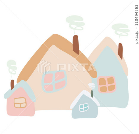 Group of Pastel color Cartoon Houses. Vector Flat style Child illustration isolated on white. Hand drawn Crooked buildings for your design. Graphic Art element for Book, Card, Poster, Print. Group of Pastel color Cartoon Houses. Vector Flat style Child illustration isolated on white. Hand drawn Crooked buildings for your design. Graphic Art element for Book, Card, Poster, Print. 110494563