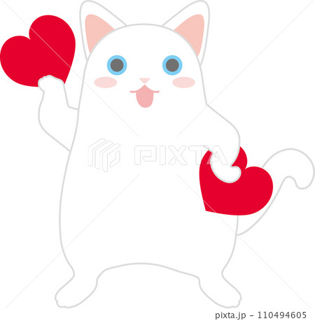 踊るニャンコ_バレンタイン_右手ハートを持ち上げ左手でハートを抱える白猫 踊るニャンコ_バレンタイン_右手ハートを持ち上げ左手でハートを抱える白猫 110494605