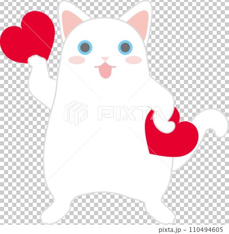 Dancing cat_Valentine_White cat holding a heart in its right hand and holding a heart in its left hand 110494605